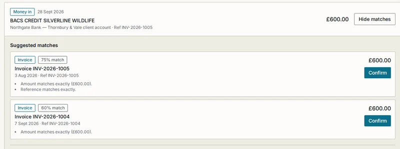 A bank line of £600.00 received on 28 September 2026 with two suggested invoice matches, each showing its percentage match and the reason it was suggested.