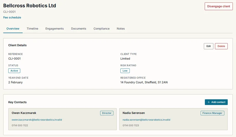 The client record for Bellcross Robotics Ltd: reference, status Active, client type Limited, risk rating Low, year end and registered office, with tabs for timeline, engagements, documents, compliance and notes, and key contacts below.