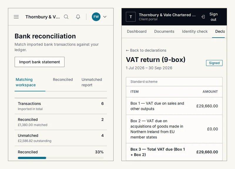 Two phone screens side by side. On the left the bank reconciliation page; on the right the client portal showing a nine-box VAT return marked Signed.